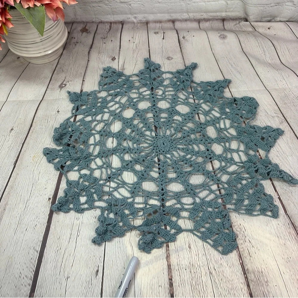 vintage dusty blue gray handmade crochet doily round snowflake design